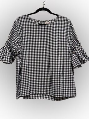 Black & White Gingham Ruffle Sleeve Top - Women XL